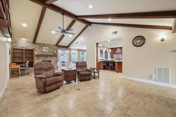 Interior, Living room, Recessed Lighting, Stone Walls, Wooden Beams