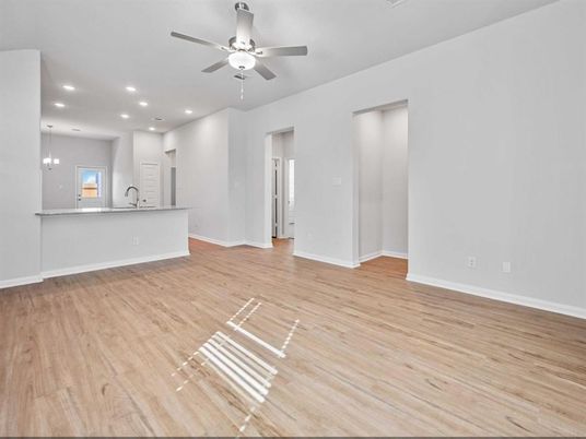 Empty room, Interior, Kitchen, Pendant Lights, Recessed Lighting, Wood Texture Flooring