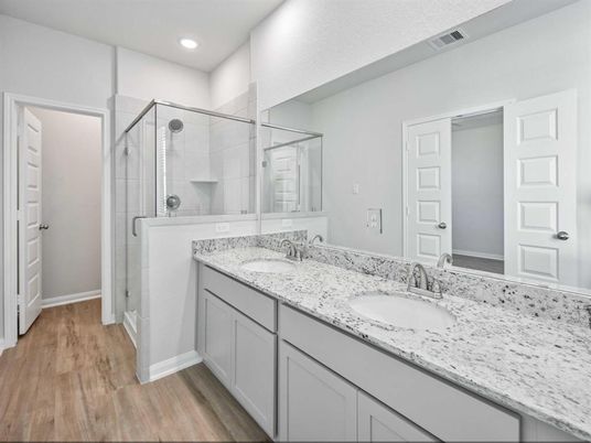 Bathroom, Dual Sink Vanities, Glass Shower, Interior, Recessed Lighting, Wood Texture Flooring
