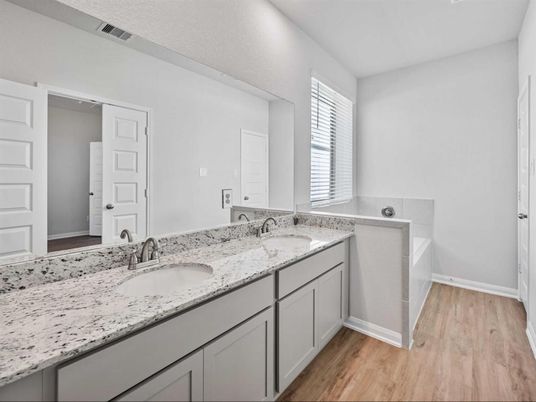 Bathroom, Dual Sink Vanities, Interior, Wood Texture Flooring