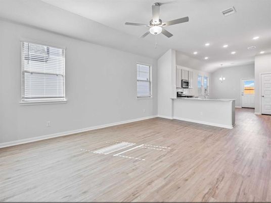 Empty room, Interior, Kitchen, Pendant Lights, Recessed Lighting, Wood Texture Flooring