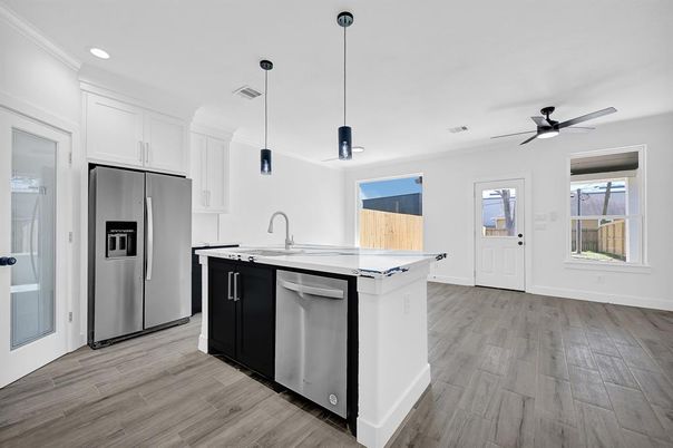 Interior, Kitchen, Pendant Lights, Recessed Lighting, Stainless Steel Appliances, Wood Texture Flooring