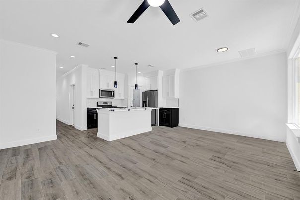 Interior, Kitchen, Pendant Lights, Recessed Lighting, Stainless Steel Appliances, Wood Texture Flooring
