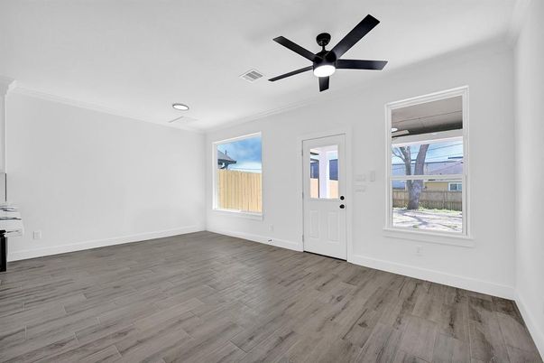 Empty room, Interior, Recessed Lighting, Wood Texture Flooring