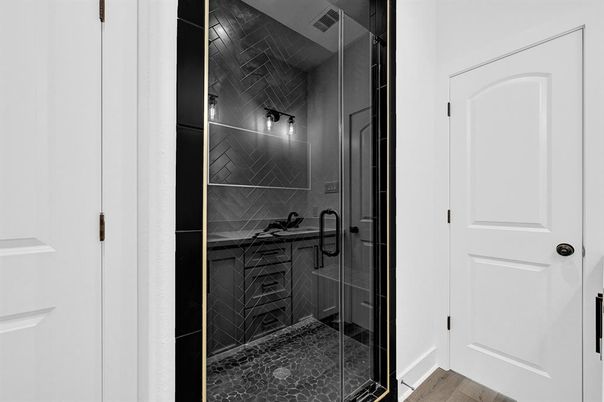 Bathroom, Glass Shower, Interior, Wood Texture Flooring