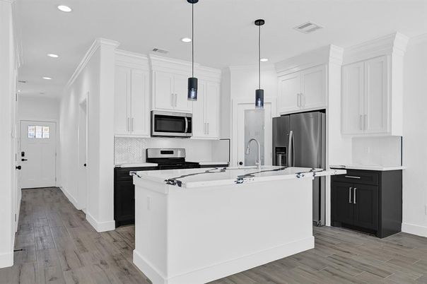 Interior, Kitchen, Pendant Lights, Recessed Lighting, Stainless Steel Appliances, Wood Texture Flooring