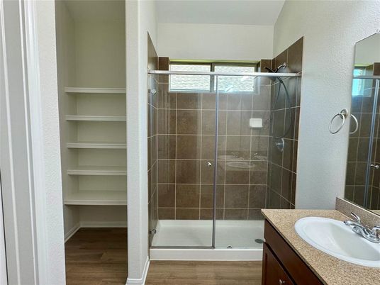 Bathroom, Glass Shower, Interior, Wood Texture Flooring