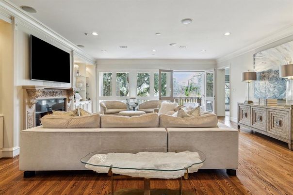 Fireplace, Interior, Living room, Recessed Lighting, Wood Texture Flooring