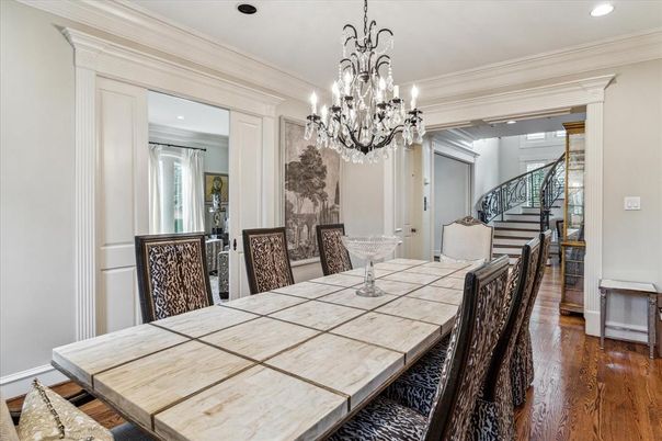 Chandelier, Dining room, Interior, Recessed Lighting, Wood Texture Flooring