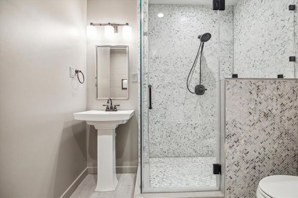 Bathroom, Glass Shower, Interior, Wood Texture Flooring