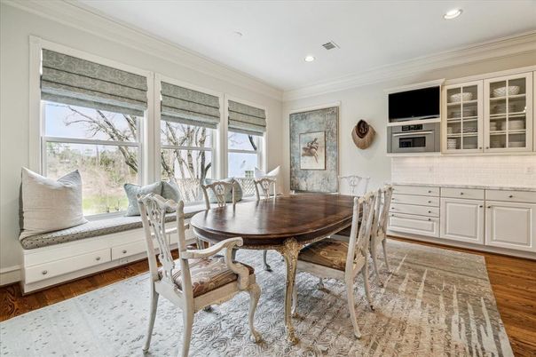Dining room, Interior, Recessed Lighting, Wood Texture Flooring