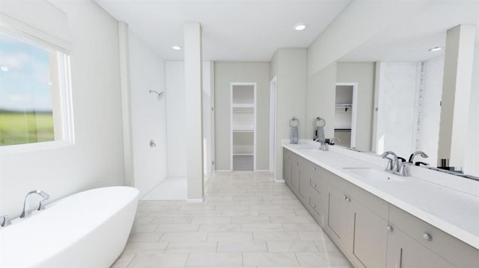 Bathroom, Dual Sink Vanities, Free Standing Baths, Interior, Recessed Lighting