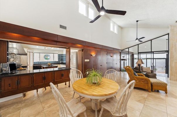 Dining room, Interior, Kitchen, Living room, Recessed Lighting, Water, Wooden Walls