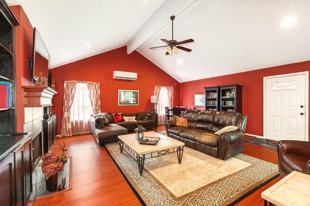 Fireplace, Interior, Living room, Recessed Lighting, Wood Texture Flooring