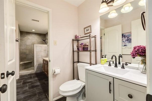 Bathroom, Glass Shower, Interior, Recessed Lighting, Wood Texture Flooring