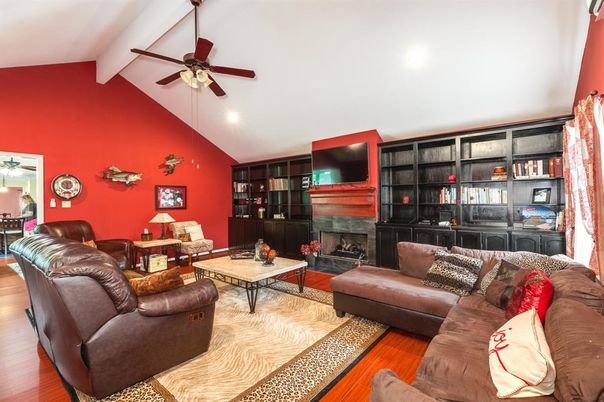 Fireplace, Interior, Living room, Recessed Lighting, Wood Texture Flooring