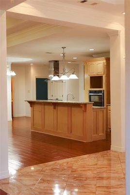 Chandelier, Interior, Kitchen, Pendant Lights, Recessed Lighting, Wood Texture Flooring