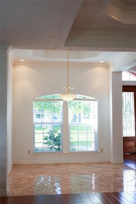 Chandelier, Empty room, Interior, Recessed Lighting, Wood Texture Flooring
