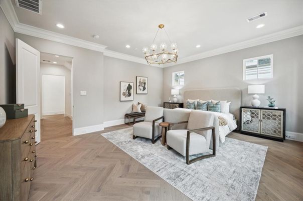 Bedroom, Chandelier, Interior, Recessed Lighting, Wood Texture Flooring