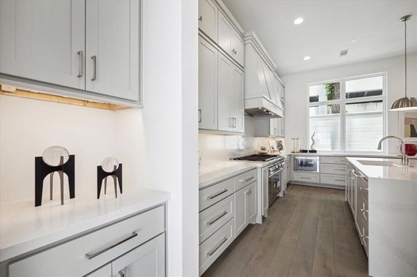 Interior, Kitchen, Pendant Lights, Recessed Lighting, Stainless Steel Appliances, Wood Texture Flooring