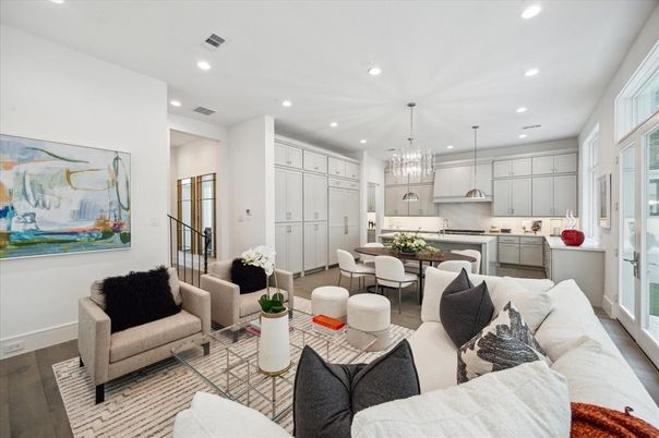 Chandelier, Dining room, Interior, Kitchen, Living room, Pendant Lights, Recessed Lighting, Wood Texture Flooring