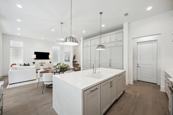 Interior, Kitchen, Living room, Pendant Lights, Recessed Lighting, Wood Texture Flooring