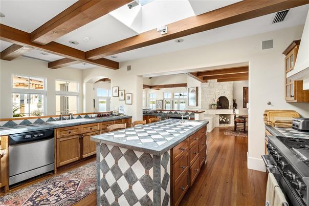 Interior, Kitchen, Recessed Lighting, Stone Walls, Tile Countertops, Wooden Beams, Wood Texture Flooring