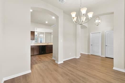 Chandelier, Empty room, Interior, Kitchen, Pendant Lights, Recessed Lighting, Wood Texture Flooring