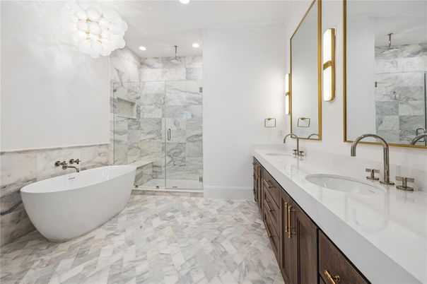Bathroom, Dual Sink Vanities, Free Standing Baths, Glass Shower, Interior, Marble, Marble Walls, Recessed Lighting