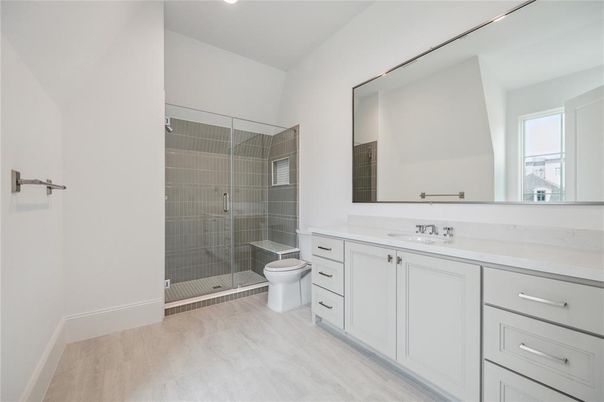 Bathroom, Glass Shower, Interior, Recessed Lighting, Wood Texture Flooring