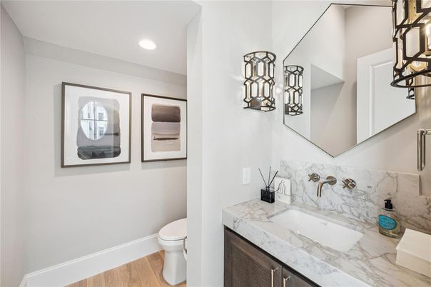 Bathroom, Interior, Pendant Lights, Recessed Lighting, Wood Texture Flooring