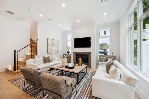 Fireplace, Interior, Living room, Recessed Lighting, Wood Texture Flooring