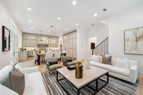 Dining room, Interior, Kitchen, Living room, Pendant Lights, Recessed Lighting, Stainless Steel Appliances, Wood Texture Flooring