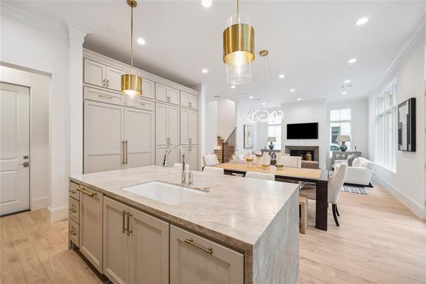 Dining room, Fireplace, Interior, Kitchen, Living room, Pendant Lights, Recessed Lighting, Wood Texture Flooring