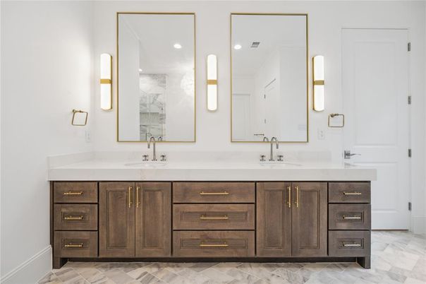 Bathroom, Dual Sink Vanities, Interior, Marble, Recessed Lighting