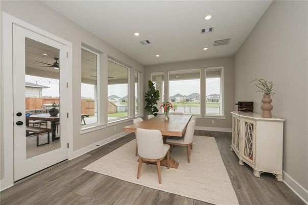 Dining room, Interior, Recessed Lighting, Wood Texture Flooring