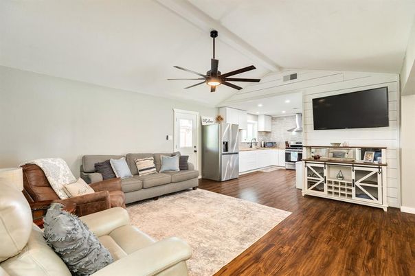 Interior, Kitchen, Living room, Recessed Lighting, Stainless Steel Appliances, Wood Texture Flooring