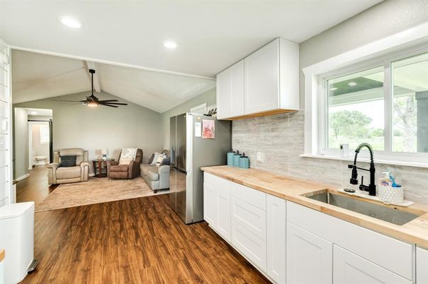 Interior, Kitchen, Living room, Recessed Lighting, Wood Texture Flooring