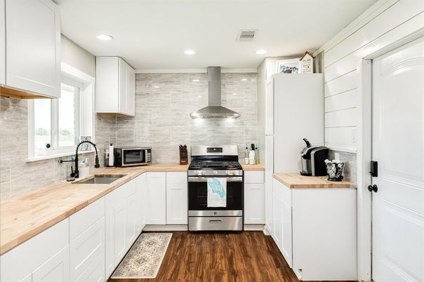 Interior, Kitchen, Recessed Lighting, Stainless Steel Appliances, Wood Texture Flooring