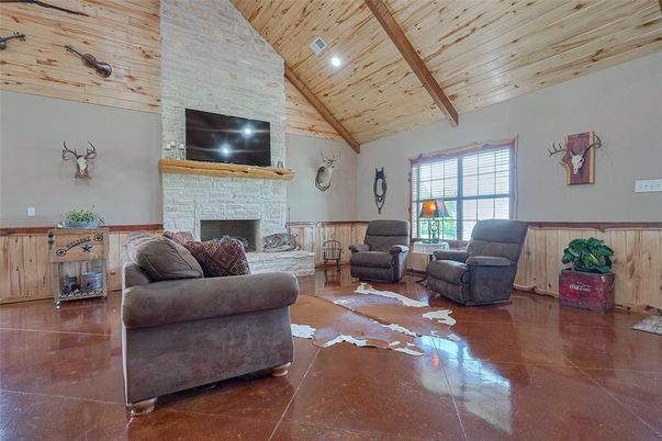 Fireplace, Interior, Living room, Recessed Lighting, Stone Walls, Wooden Beams, Wooden Ceilings