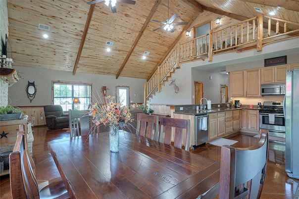 Dining room, Interior, Kitchen, Recessed Lighting, Stainless Steel Appliances, Wooden Beams, Wooden Ceilings, Wood Texture Flooring