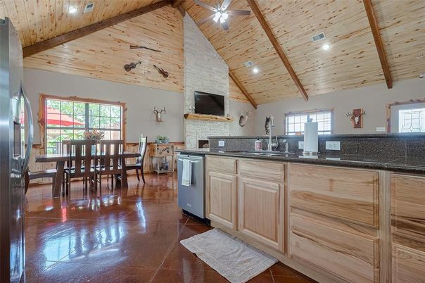Dining room, Fireplace, Interior, Kitchen, Recessed Lighting, Stone Walls, Wooden Beams, Wooden Ceilings