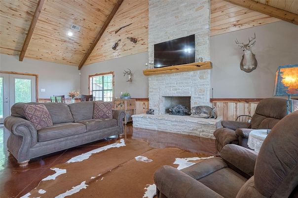 Fireplace, Interior, Living room, Recessed Lighting, Stone Walls, Wooden Beams, Wooden Ceilings