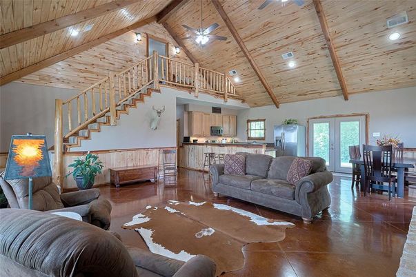 Dining room, Interior, Kitchen, Living room, Recessed Lighting, Stainless Steel Appliances, Wooden Beams, Wooden Ceilings