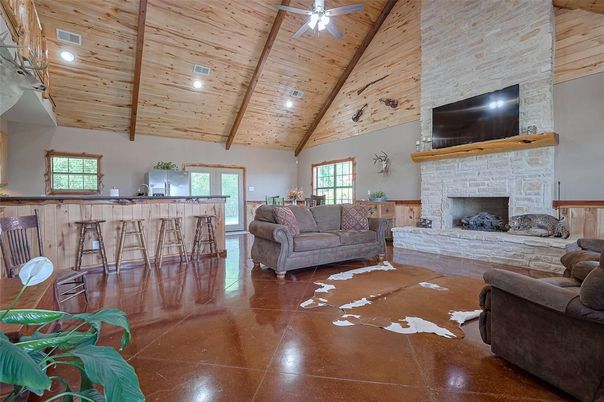 Fireplace, Interior, Living room, Recessed Lighting, Stone Walls, Wooden Beams, Wooden Ceilings