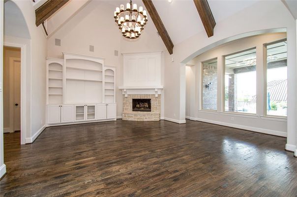 Chandelier, Empty room, Fireplace, Interior, Wooden Beams, Wood Texture Flooring