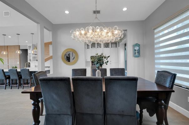 Dining room, Interior, Pendant Lights, Recessed Lighting, Wood Texture Flooring