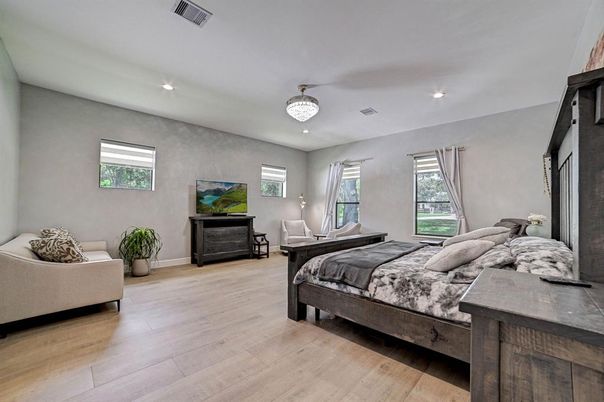 Bedroom, Chandelier, Interior, Recessed Lighting, Wood Texture Flooring