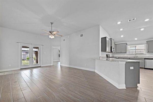 Interior, Kitchen, Recessed Lighting, Wood Texture Flooring