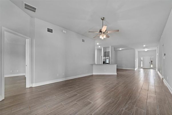 Empty room, Interior, Kitchen, Recessed Lighting, Wood Texture Flooring